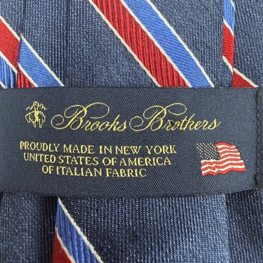 Brooks Brothers Mens Silk Repp Stripe Tie Navy Blue Red Made USA Italian Fabric